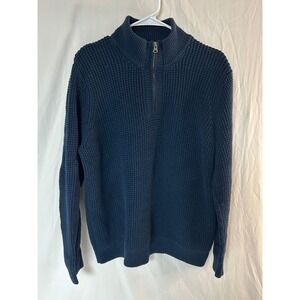 LL Bean Mens Navy Blue 100% Organic Cotton Chunky Knit 1/4 Zip Sweater 508120 L